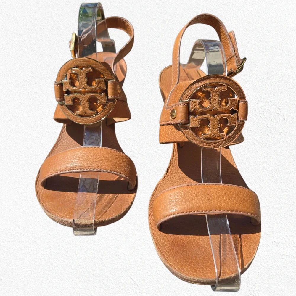 Tory Burch Tan Leather Miller Wedge Sandals Logo Slingback Heels Size 10.5M